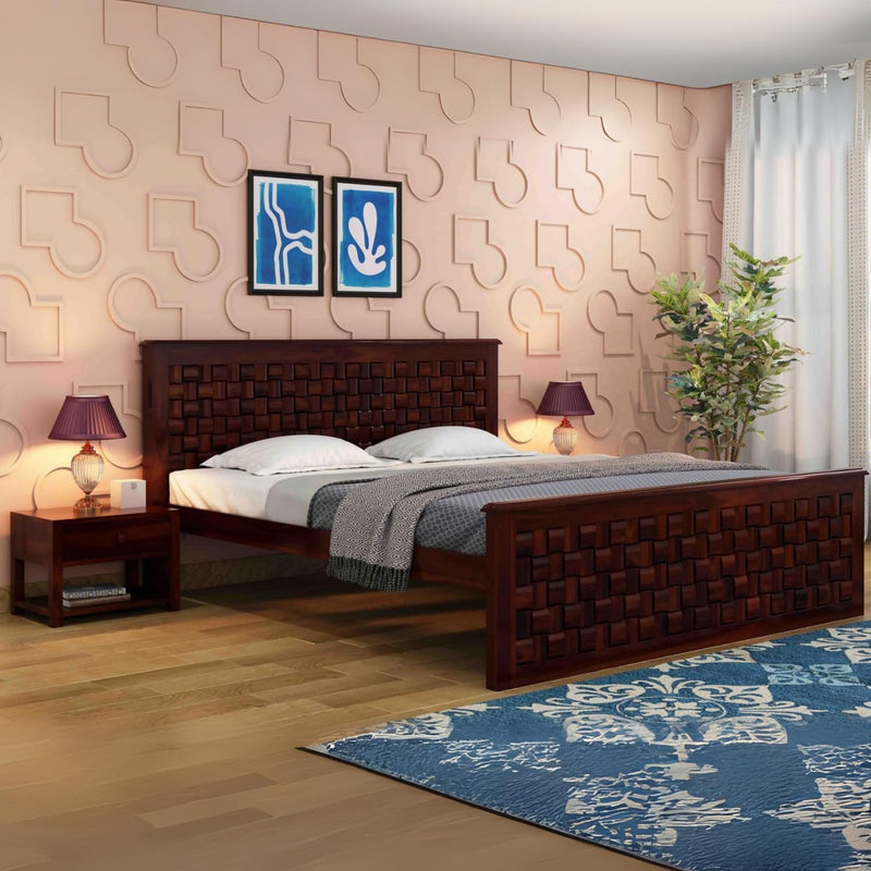 Niwar Sheesham Wood King Size Bed without Storage - Walnut Finish