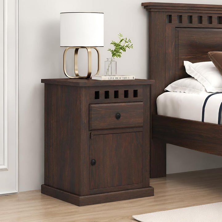 Kuber Solid Sheesham Wood Bedside Table in walnut finish