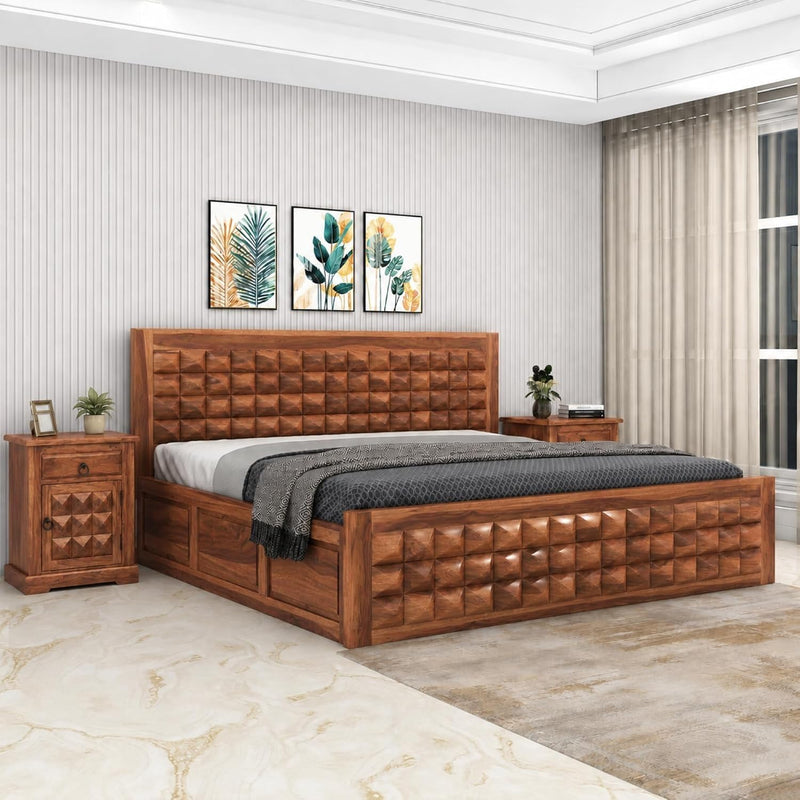 Diamond Solid Sheesham Wood King Size Bed with Box Storage & 2 Bedside Tables - Natural Finish