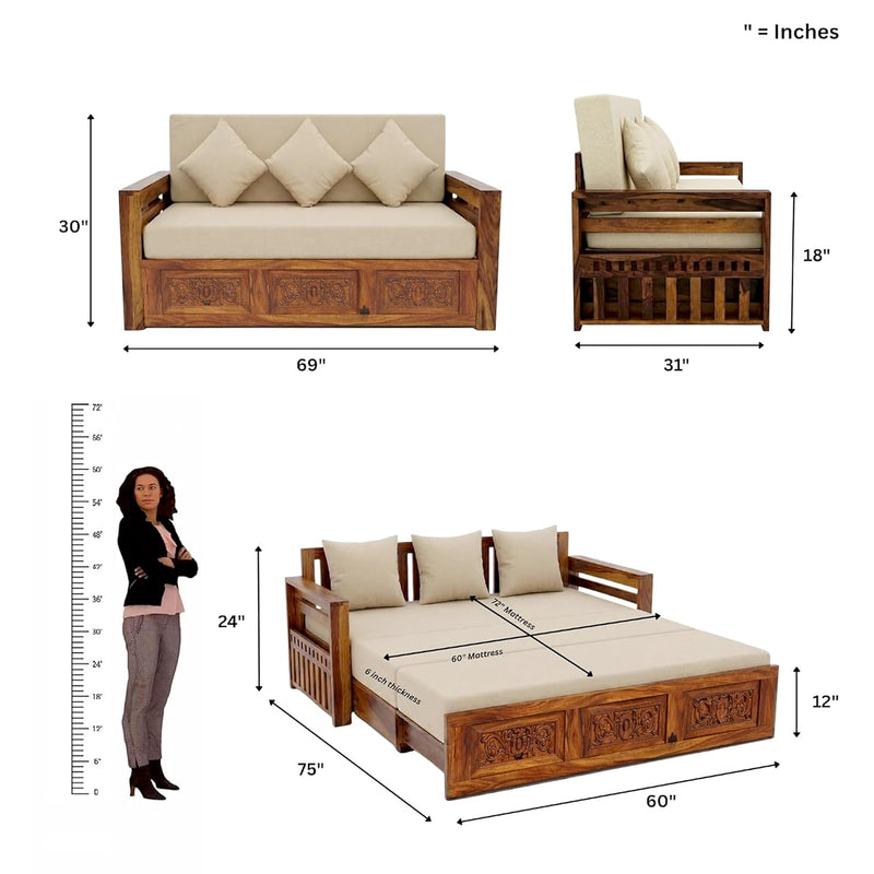 Maharaja Solid Sheesham Wood Sofa Cum Bed - Natural Finish