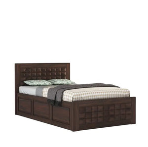 Diamond Solid Sheesham Wood Single Bed with Box Storage - Walnut