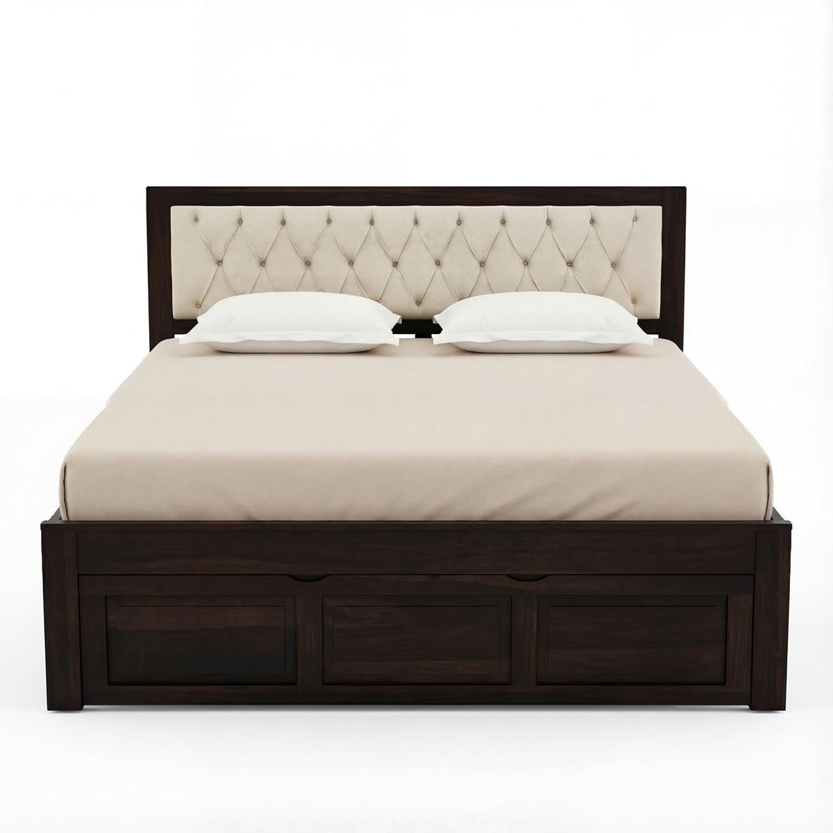 Zeus Solid Sheesham Wood Queen Size Bed with Drawer Storage in walnut finish - close-up of the walnut finish and wood grain