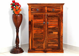 Solid Sheesham Wood Shoe Cabinet with Door for Home and Office Furniture- Teak Honey Finish
