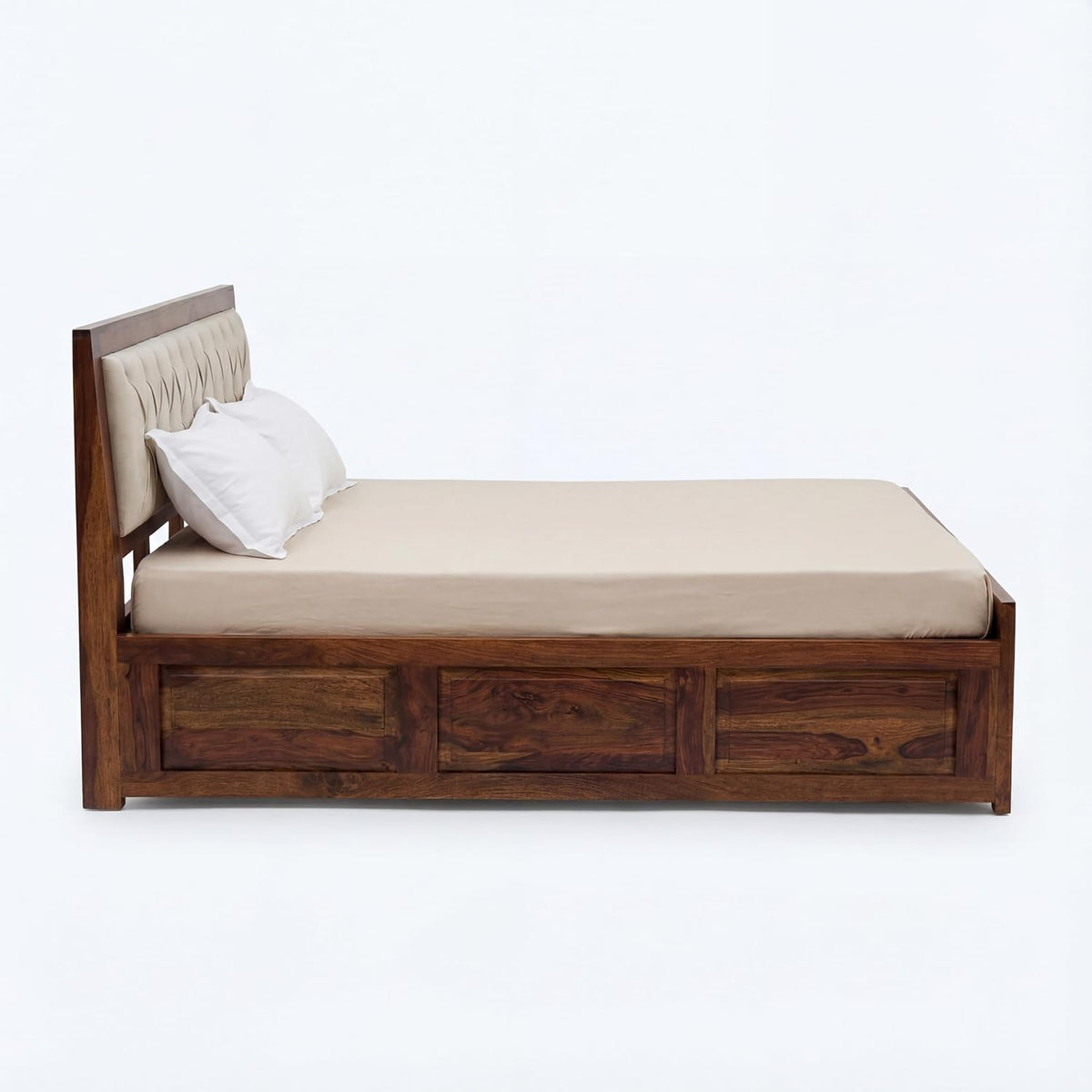 Zeus Solid Sheesham Wood King Size Bed with Drawer Storage in natural finish - corner angle view