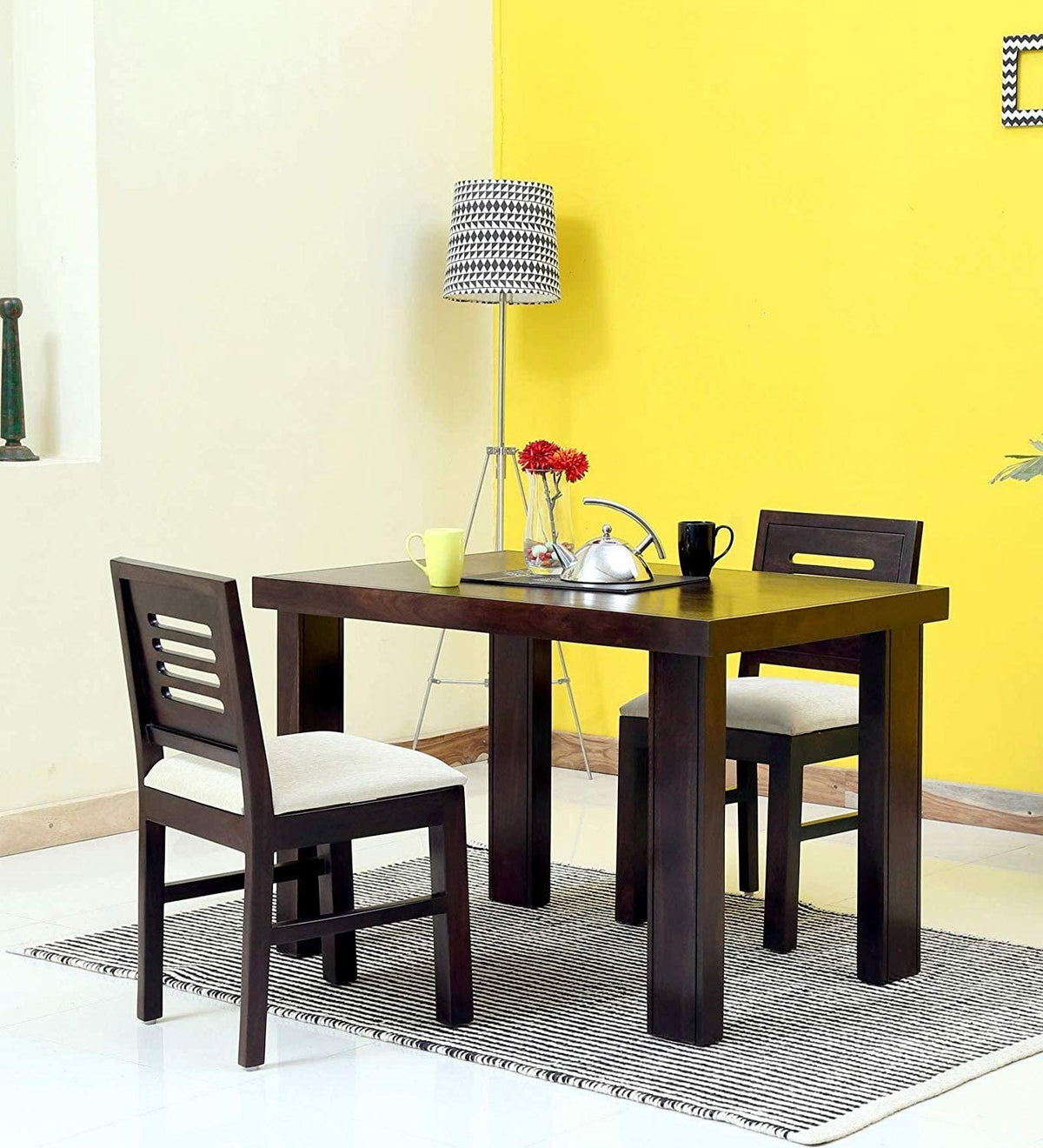 Capsule Hollow Cushion Solid Sheesham Wood 2 Seater Dining Table Set in walnut finish