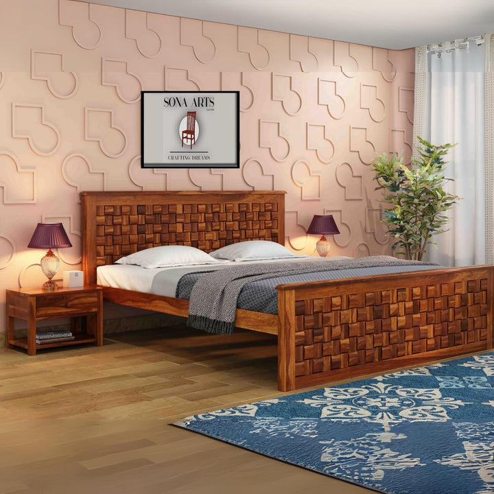Niwar Solid Sheesham Wood Queen Size Bed without Storage in natural finish