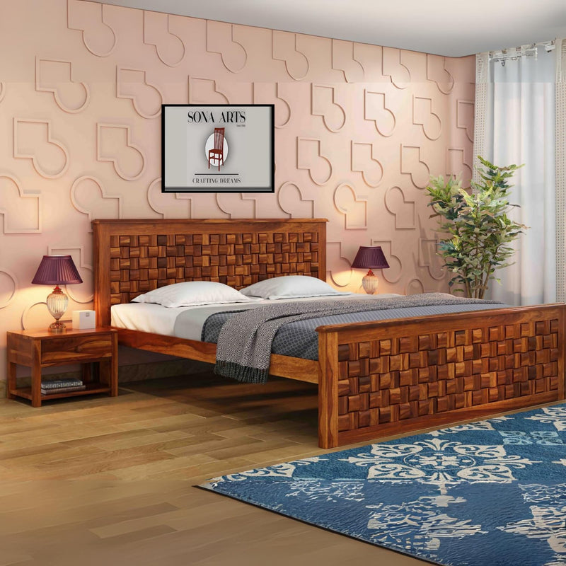 Niwar Solid Sheesham Wood Queen Size Bed without Storage - Natural Finish