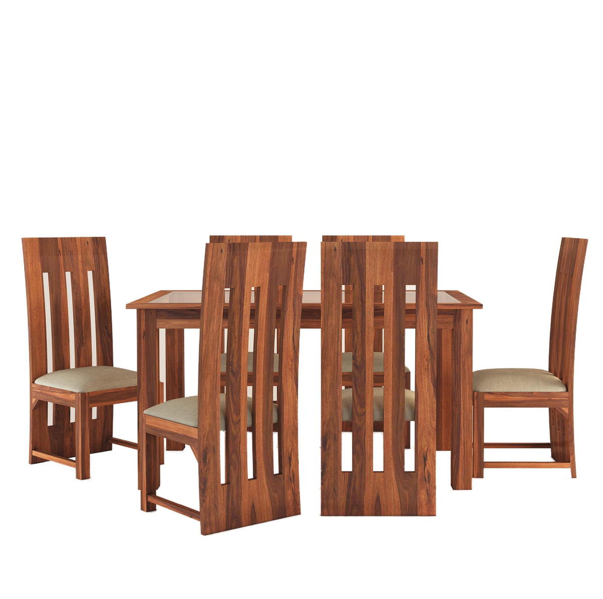 Poster Sheesham 6 Seater Dining Set + 6 Chairs + Glass Top in natural finish - close-up of the natural finish and wood grain