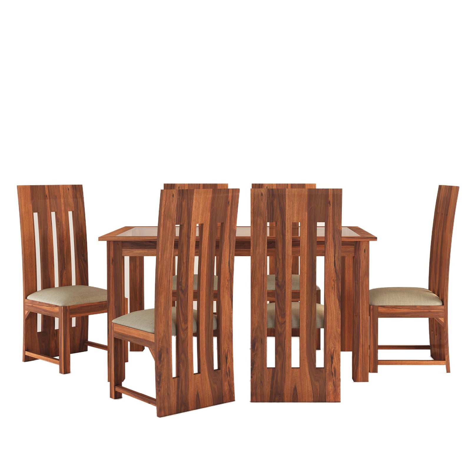 Poster Sheesham Wood Dining Table 6 Seater Dining Table Set with 6 Cushion Chairs & Glass Top - Natural Finish