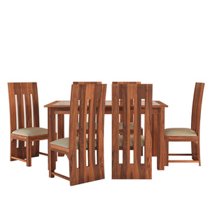 Poster Sheesham Wood Dining Table 6 Seater Dining Table Set with 6 Cushion Chairs & Glass Top - Natural Finish