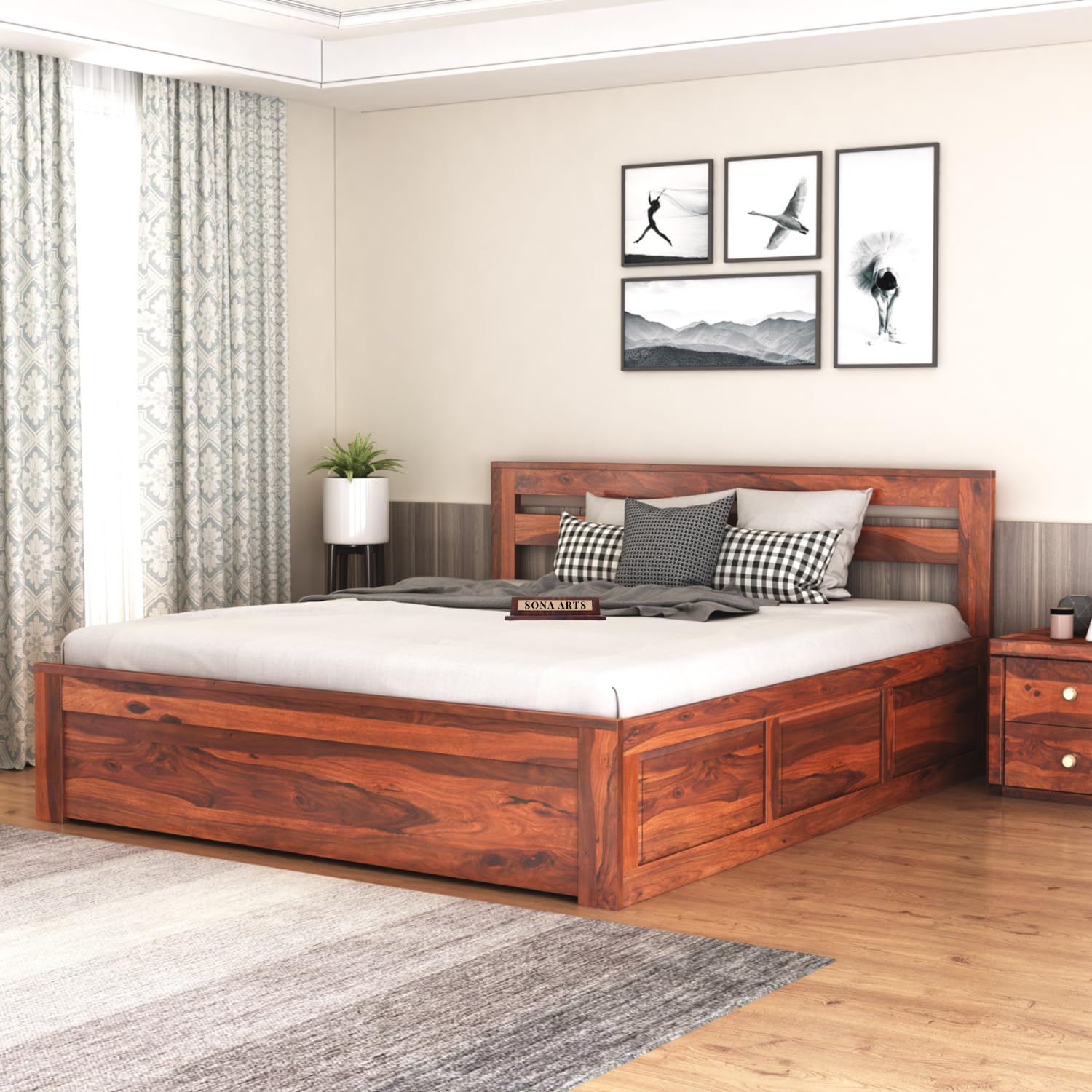 Eros Solid Sheesham Wood King Size Bed with Box Storage - Natural Finish