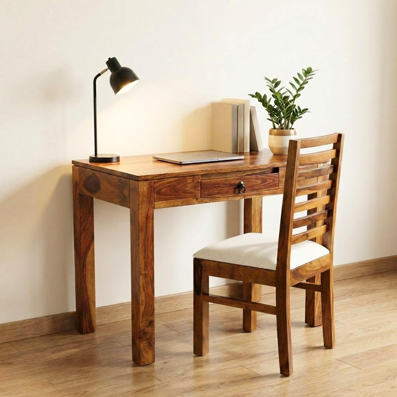 Clara with Chair Solid Sheesham Wood Study Table - Natural Finish