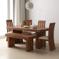 Wooden Dining Table Set 6 Seater 1 Bench with Cushion Chair Finish - Honey