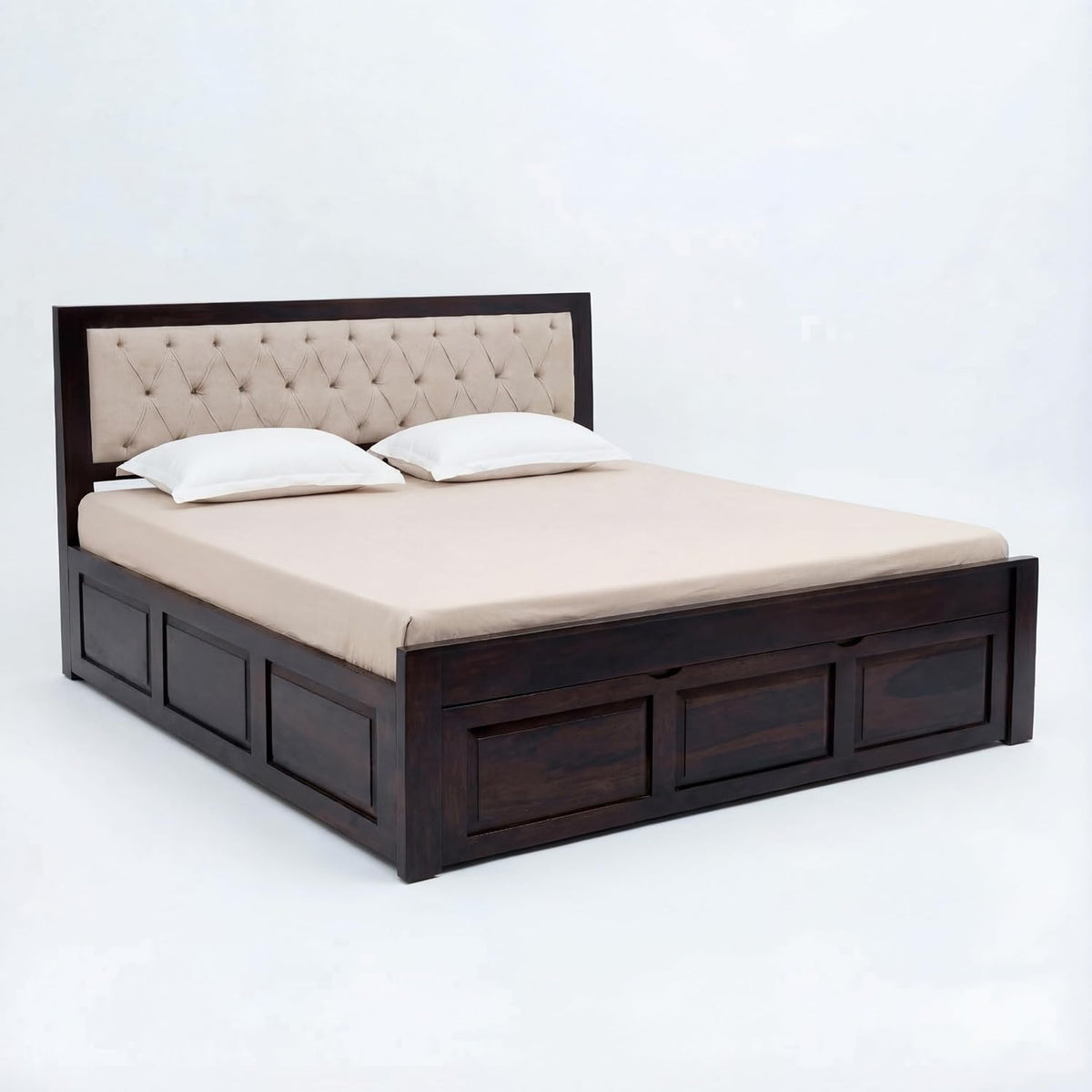 Zeus Solid Sheesham Wood King Size Bed with Drawer Storage in walnut finish - headboard detail