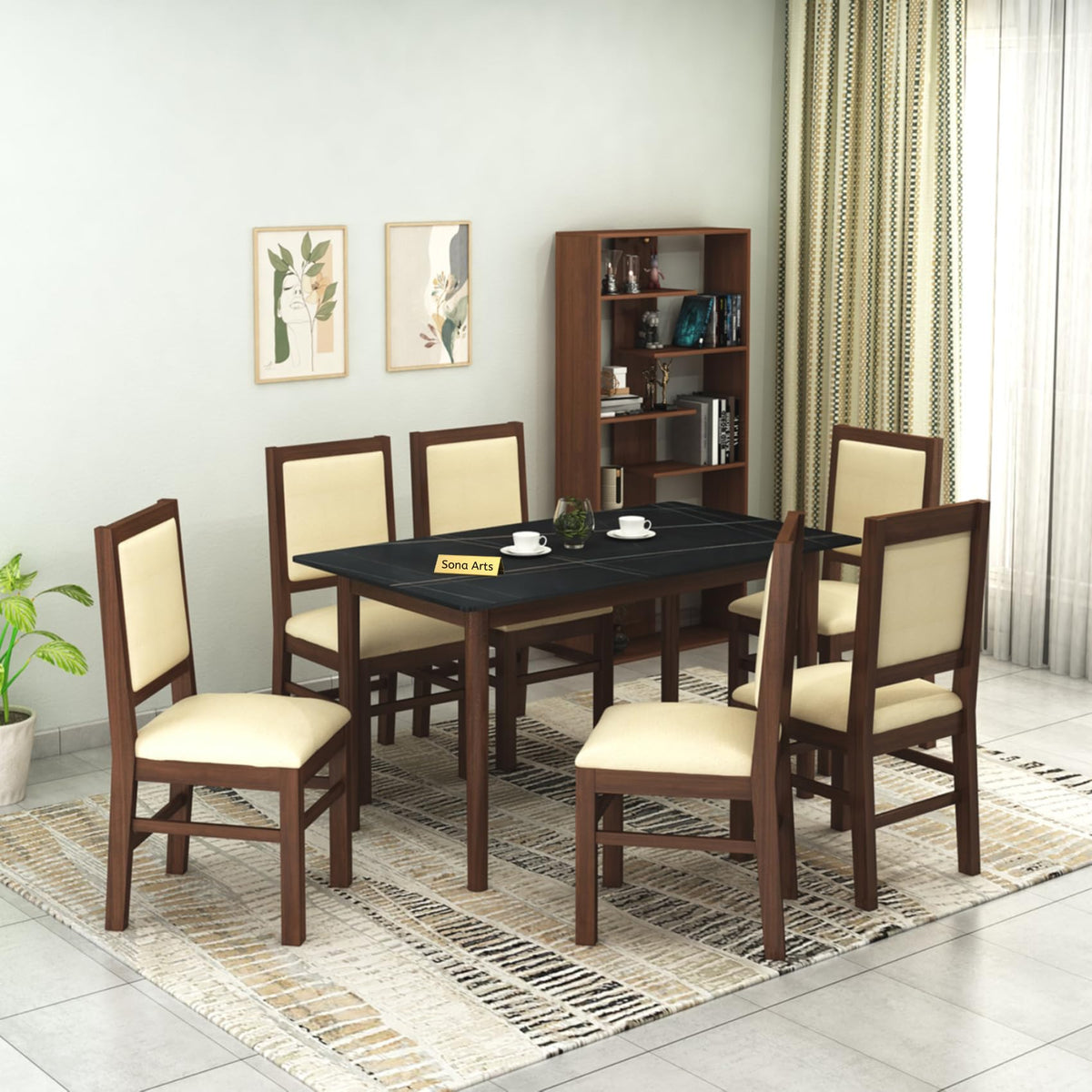 Marble Solid Black Solid Sheesham Wood 6 Seater Dining Table Set