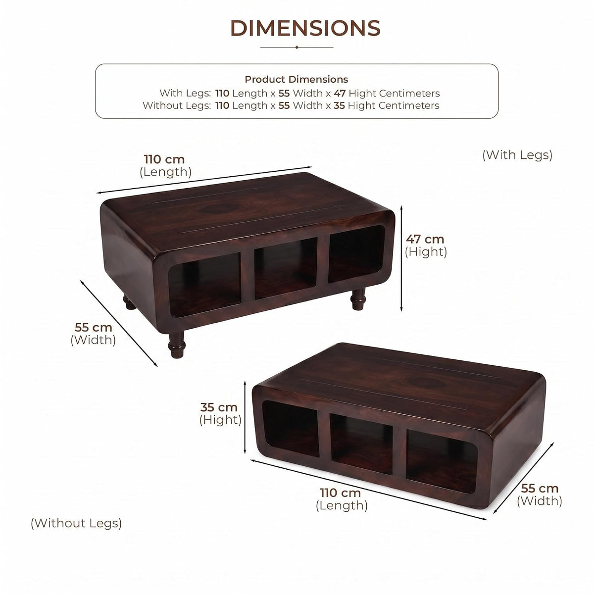 CCT Solid Sheesham Wood Coffee Table - Walnut Finish