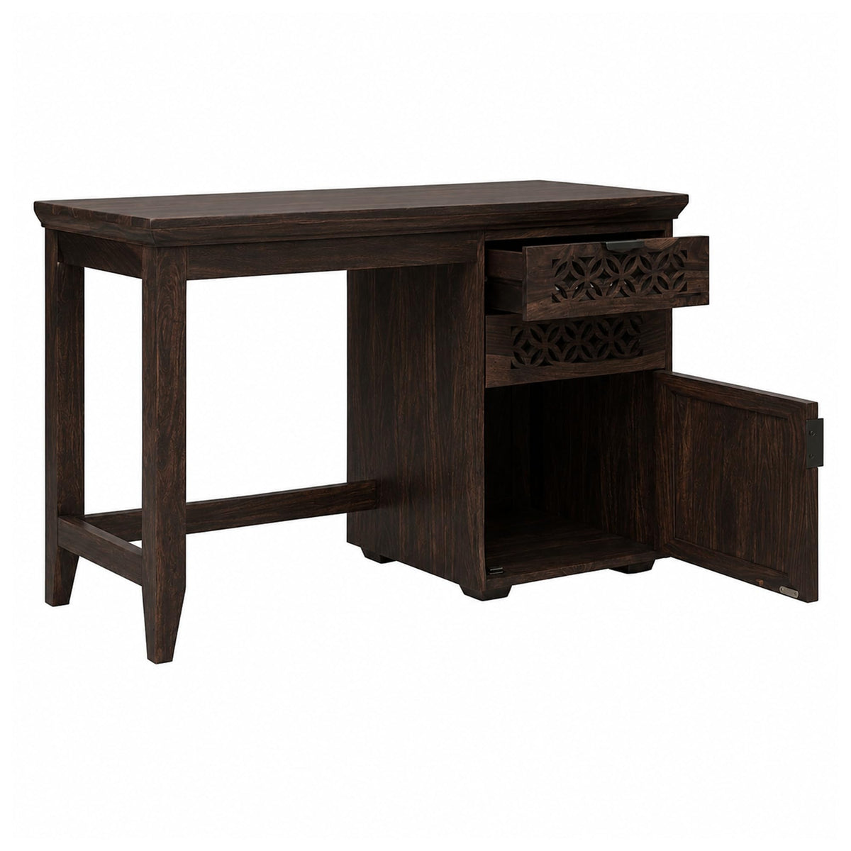 CNC Solid Sheesham Wood Study Table in walnut finish - styled in a home office