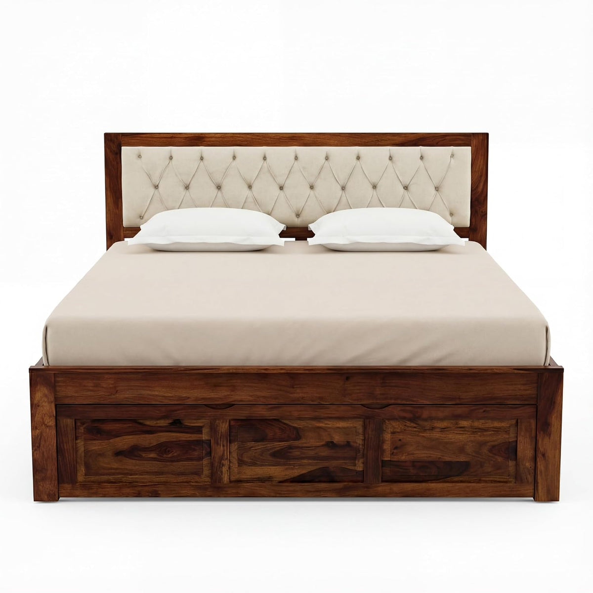 Zeus Solid Sheesham Wood Queen Size Bed with Drawer Storage in natural finish - styled in a bedroom