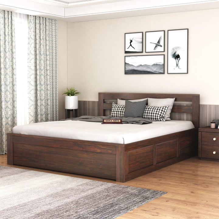 Eros Solid Sheesham Wood Queen Size Bed with Box Storage in walnut finish