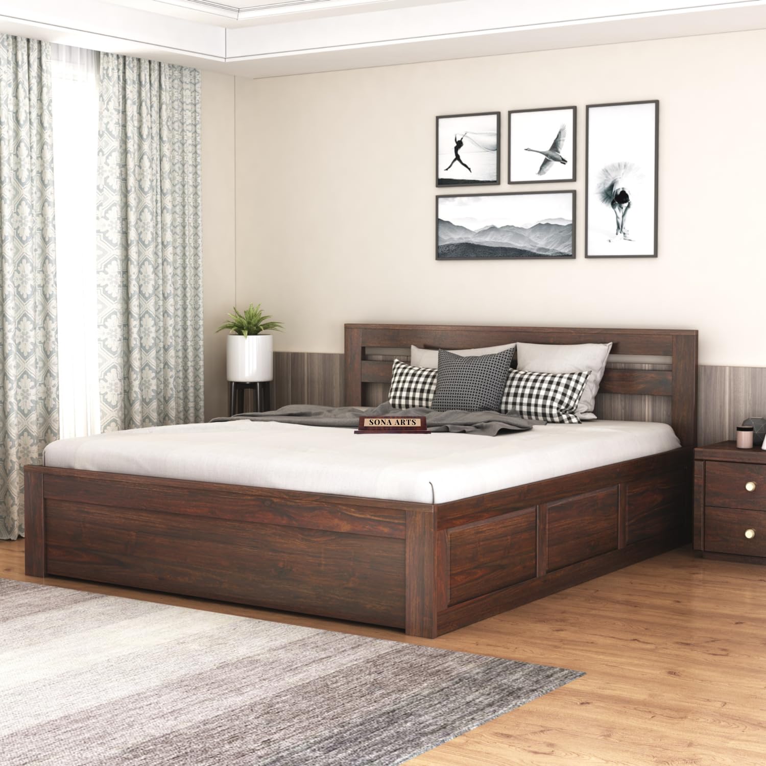 Eros Solid Sheesham Wood King Size Bed with Box Storage - Walnut Finish