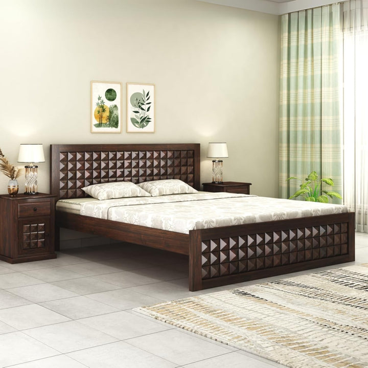 Diamond Solid Sheesham Wood Queen Size Bed without Storage in walnut finish