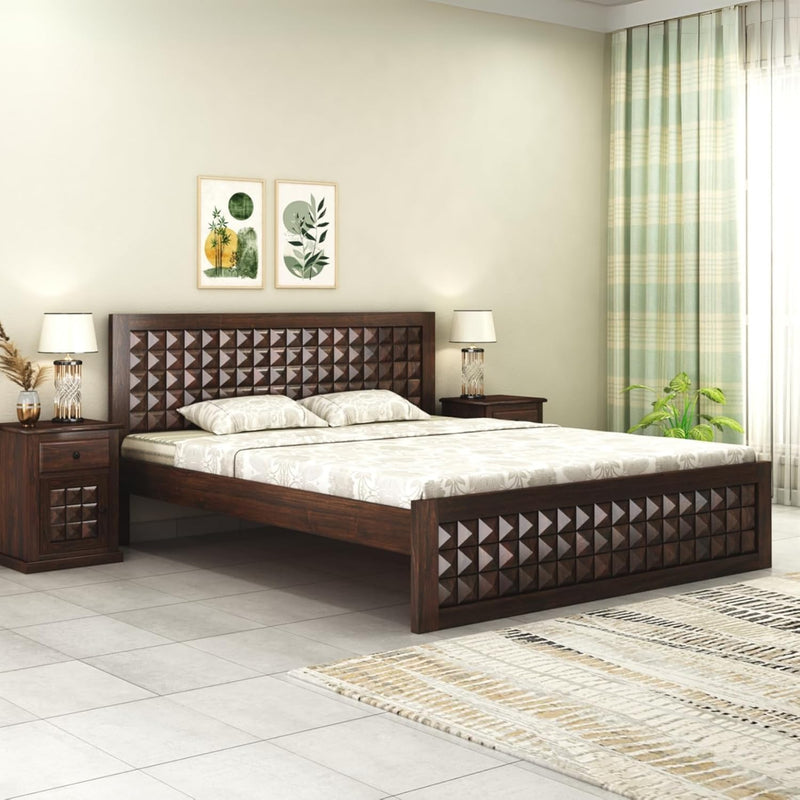 Diamond Solid Sheesham Wood Queen Size Bed without Storage - Walnut Finish
