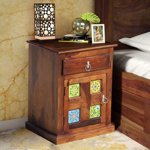Tile Solid Sheesham Wood Bedside Table - Natural Finish