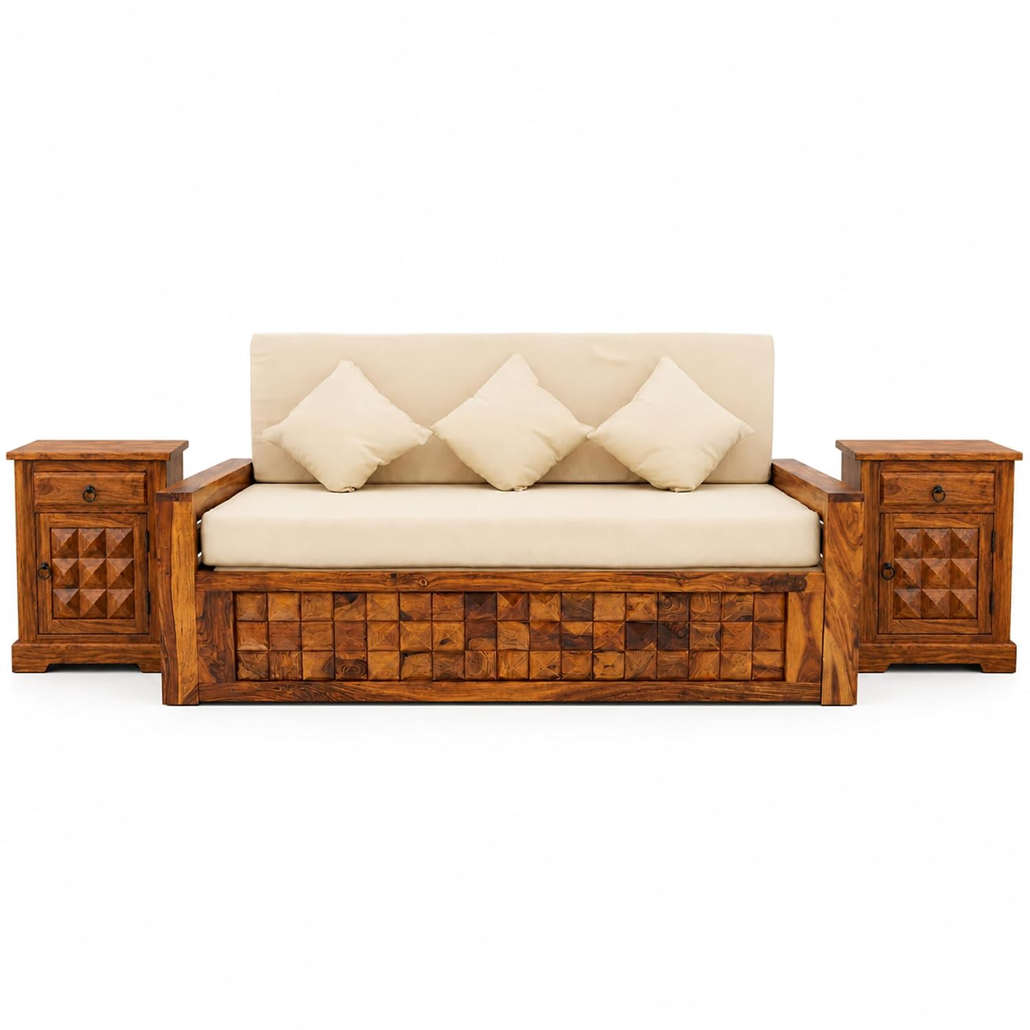 Diamond With Bedside Solid Sheesham Wood Sofa Cum Bed - Natural Finish