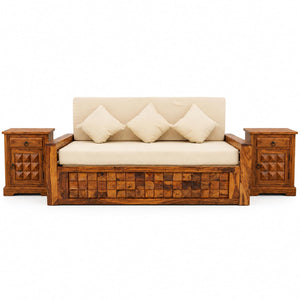 Diamond With Bedside Solid Sheesham Wood Sofa Cum Bed - Natural Finish