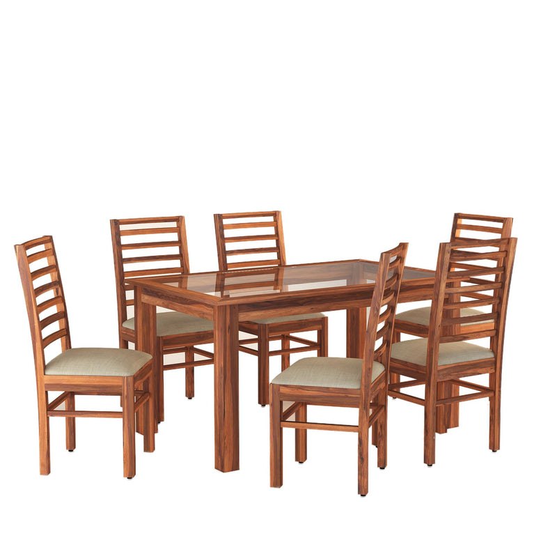 Luxe Solid Sheesham Wood Dining Table 6 Seater Dining Table Set, Glass Top Dinner Table Set - Natural Finish
