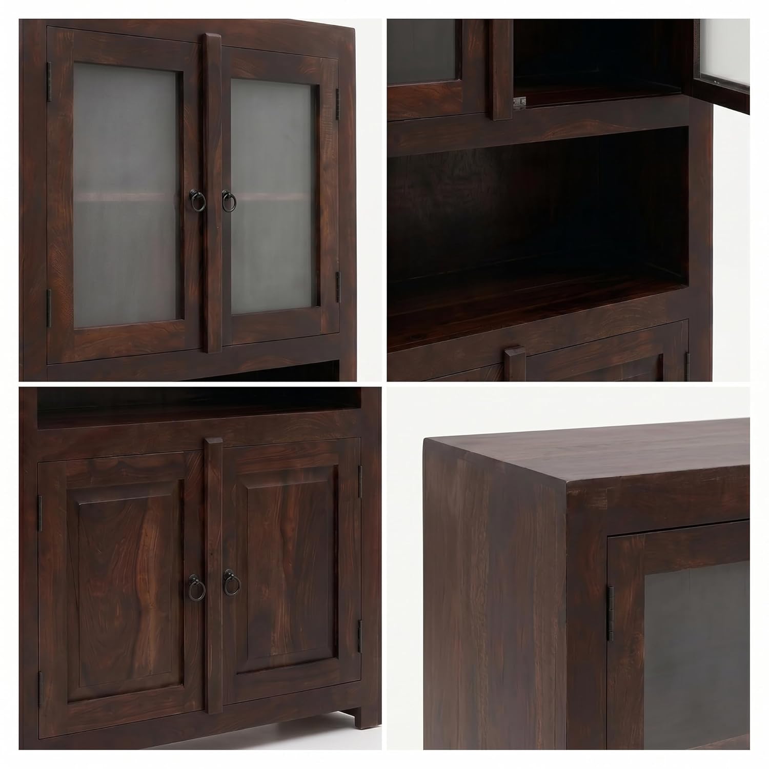 4 Door Sheesham Wood Bookshelf & Crockery Cabinet - Walnut Finish
