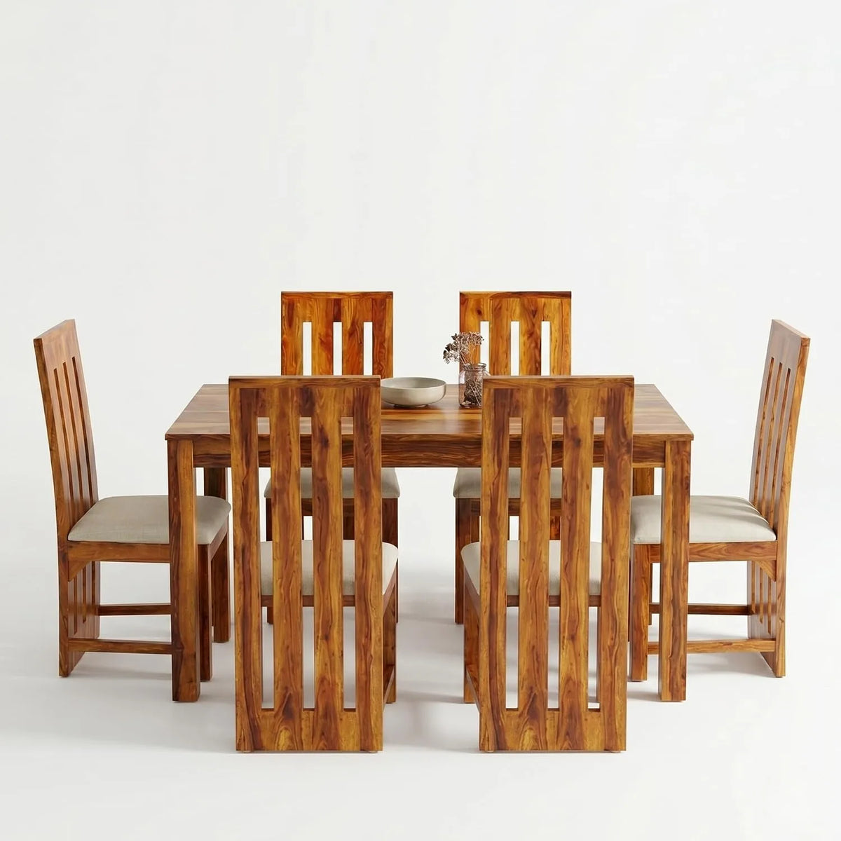 Poster D2 Solid Sheesham Wood 6 Seater Dining Table Set - Natural Finish