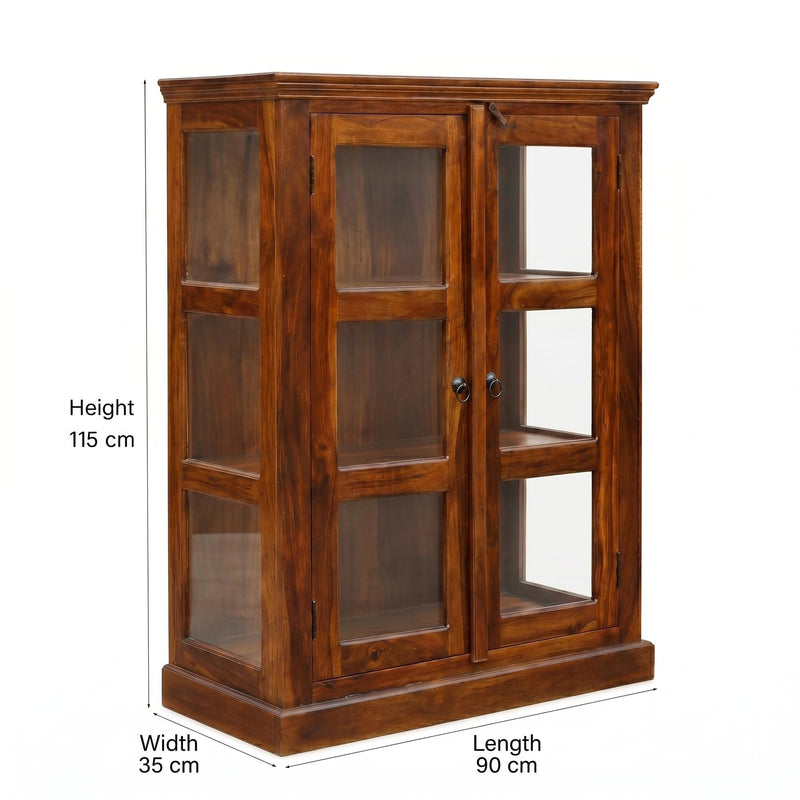 Mini 20 Glass Solid Sheesham Wood Book Shelf for Home Library - Natural Finish