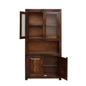 4 Door Sheesham Wood Bookshelf & Crockery Cabinet Natural Brown Finish