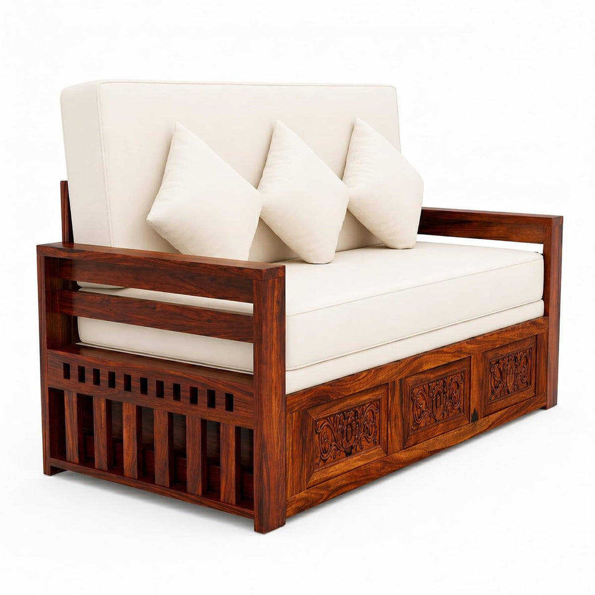 A sheesham wooden loveseat sofa with cream-colored cushions and three matching throw pillows, set against a plain white background.