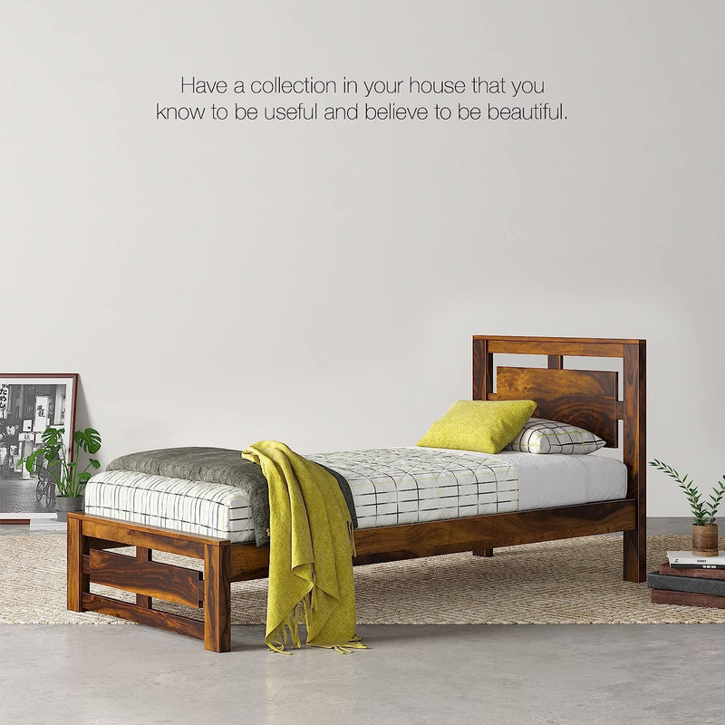 Pluto Sheesham Wood Single Bed Furniture for Bedroom Wood Cot Single Size Palang Walnut Finish