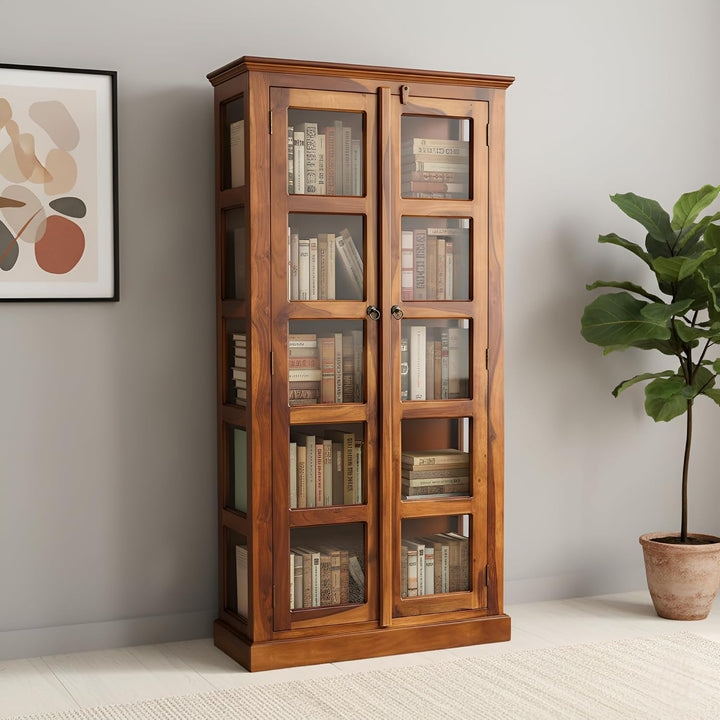 Vista Solid Wood Bookshelf With Glass Door Office & Living Room - Natural Finish