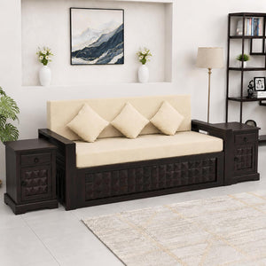 Diamond With Bedside Solid Sheesham Wood Sofa Cum Bed - Walnut Finish