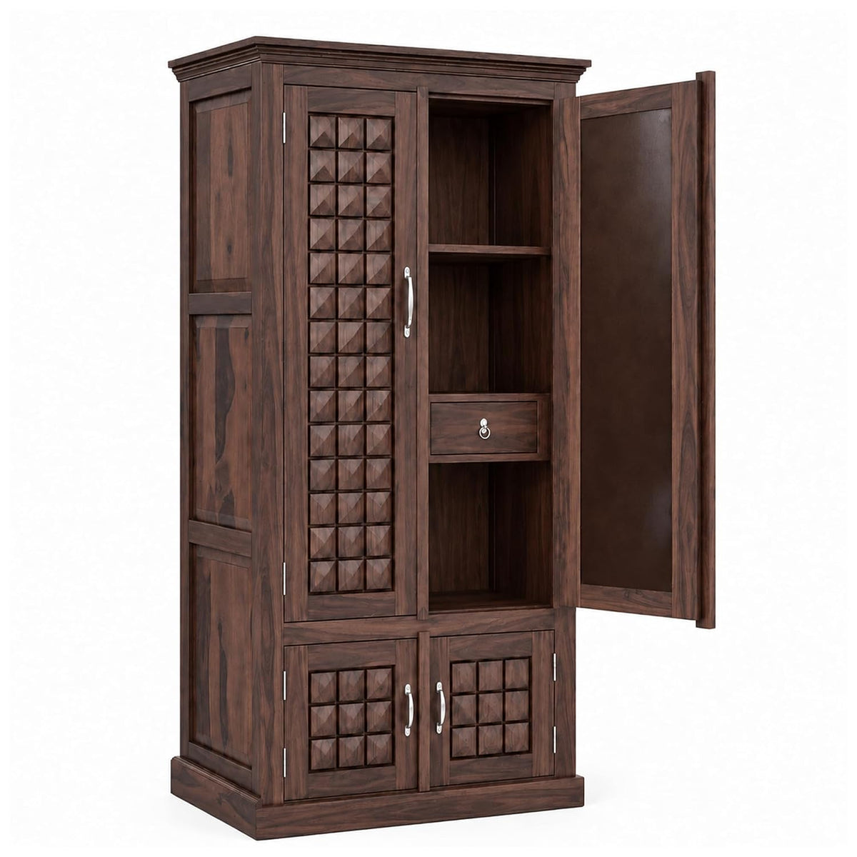 Diamond Solid Sheesham Wood 2 Door Wardrobe with Two Mini Door - Walnut Finish
