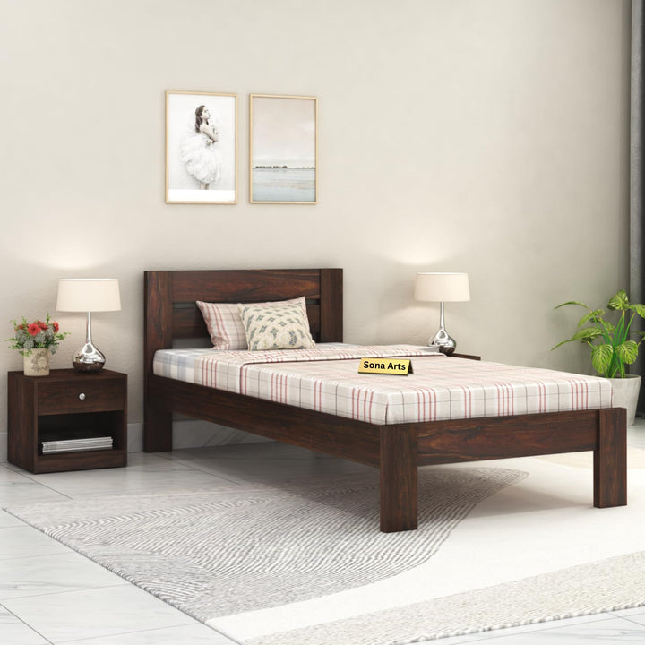 Eros Solid Sheesham Wood Single Size Bed without Storage in walnut finish