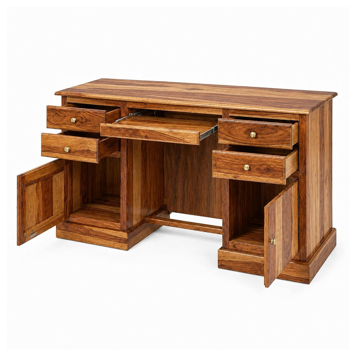 Carmel 2 Door Sheesham Wood Study Table for Students with 4 Drawers & 2 Doors - Natural Finish