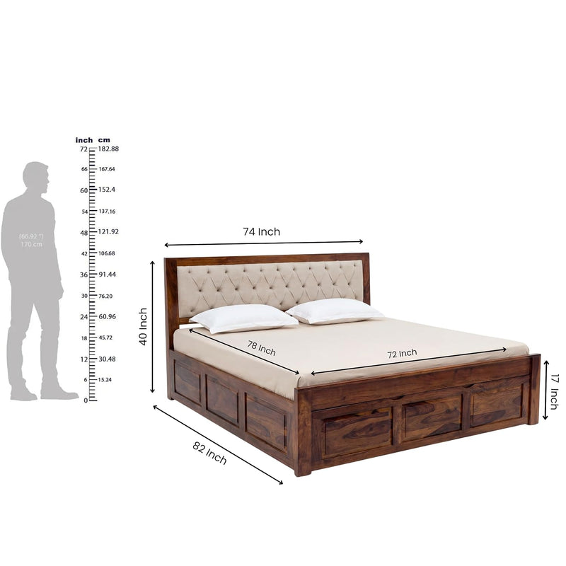 Zeus Solid Sheesham Wood King Size Bed with Drawer Storage - Natural Finish