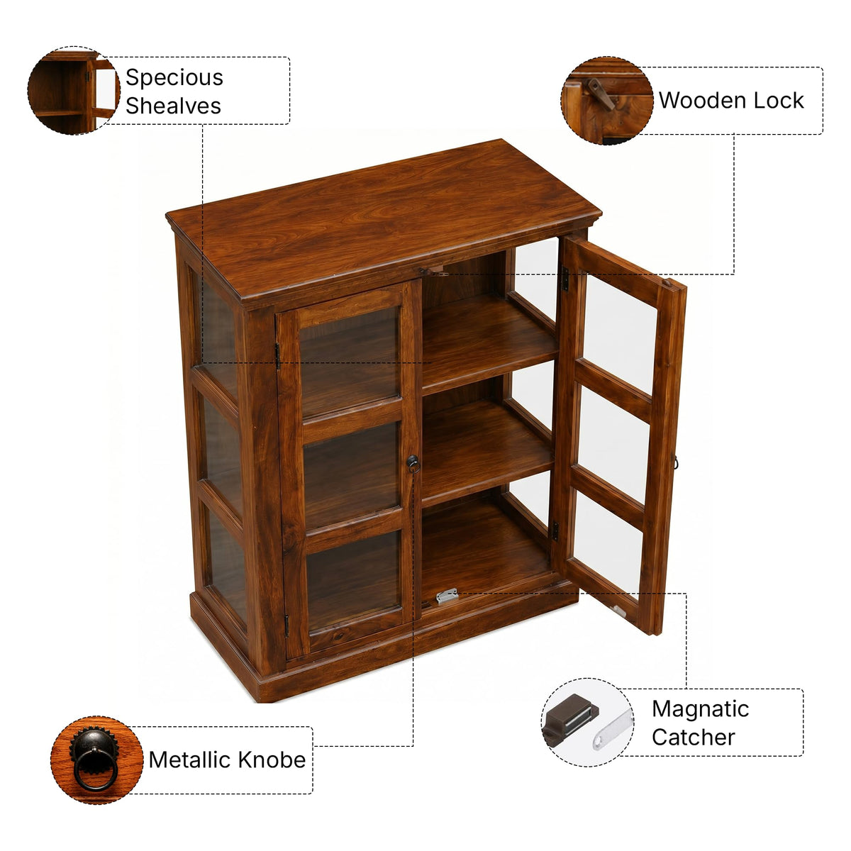 Mini 20 Glass Solid Sheesham Wood Book Shelf for Home Library in natural finish - open shelf detail