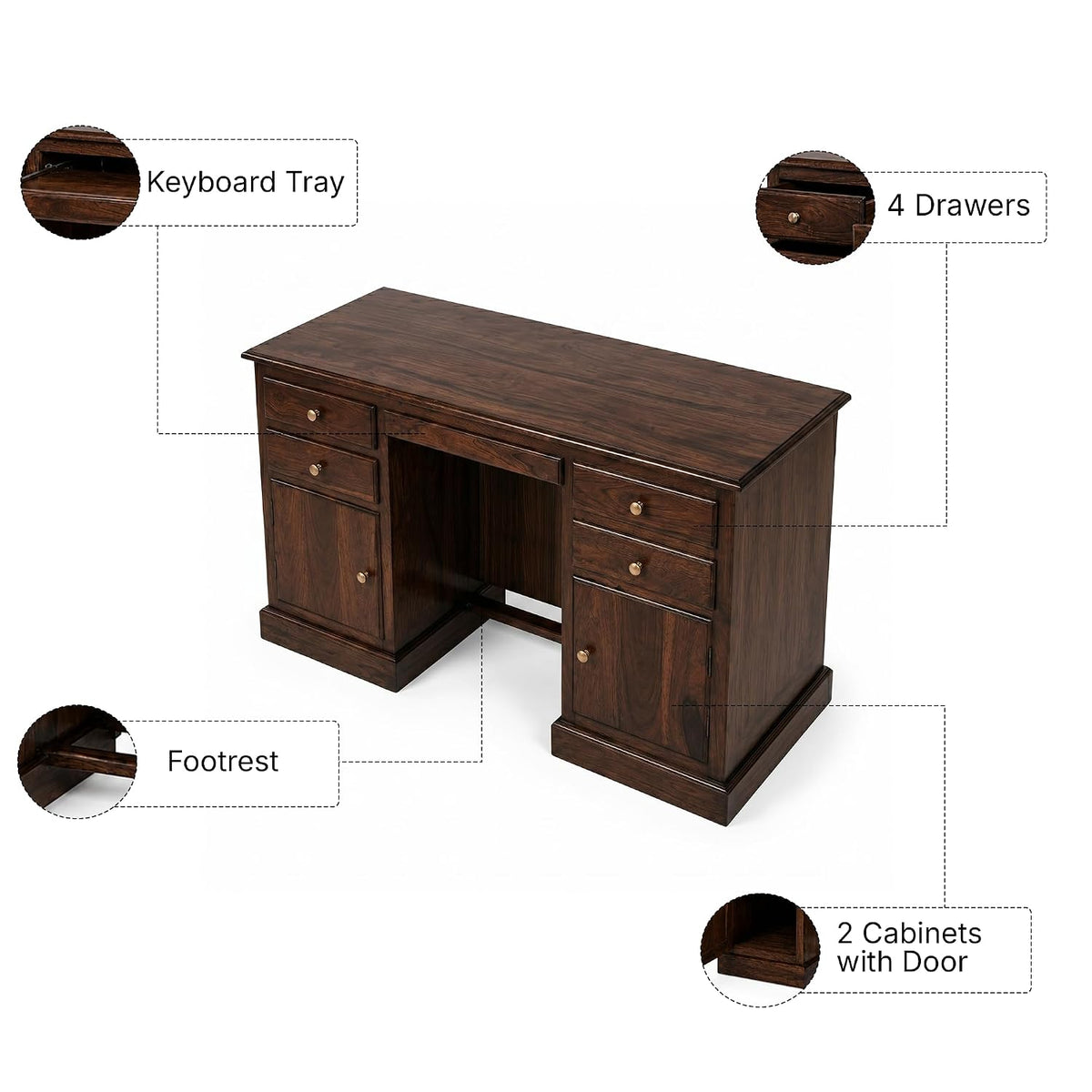 Carmel 2 Door Sheesham Wood Study Table 4 Drawers and 2 Doors - Walnut Finish