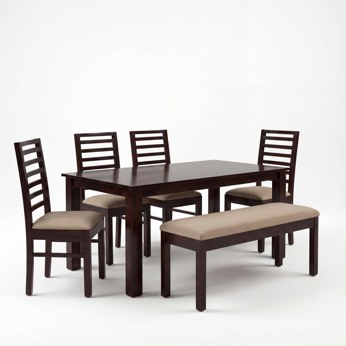 7 Fanti walnut with Solid Sheesham Wood 6 Seater Dining Table Set with Bench - close-up of the walnut finish and wood grain
