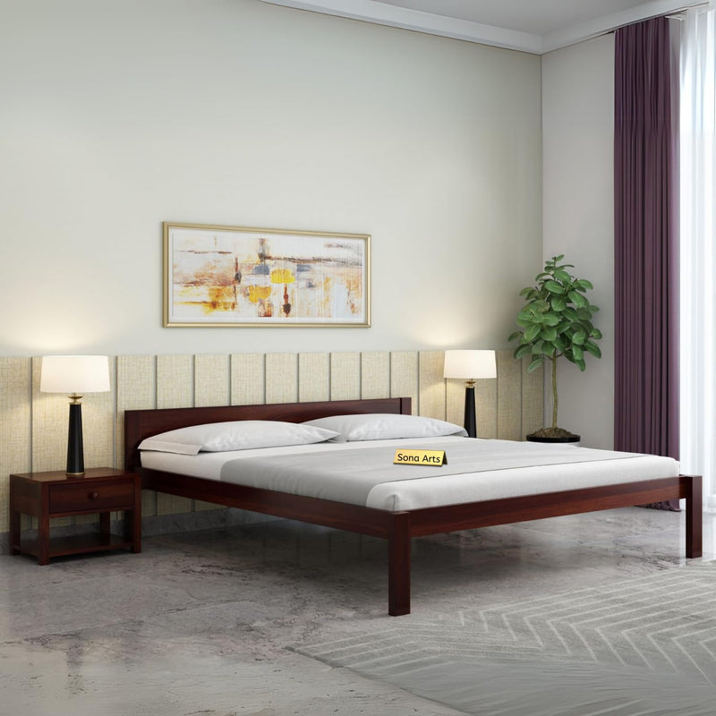 Single Patti Solid Sheesham Wood Queen Size Bed without Storage - Walnut Finish