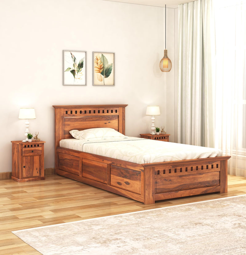 Sheesham Wood Single Bed Furniture With Box Storage for Bedroom Honey Teak Finish