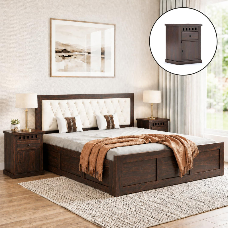 Zeus Solid Sheesham Wood King Size Bed with Box Storage & 2 Bedside Tables - Walnut Finish