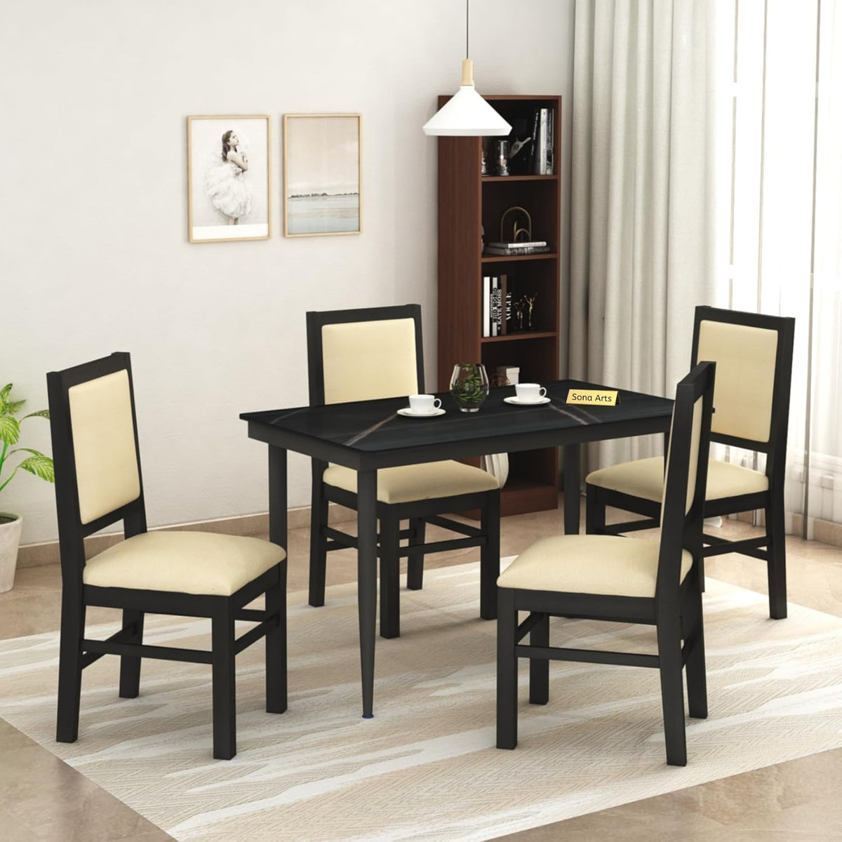 Marble Metal Black Solid Sheesham Wood 4 Seater Dining Table Set