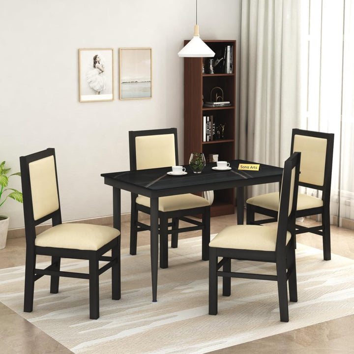 Marble Metal Black Solid Sheesham Wood 4 Seater Dining Table Set